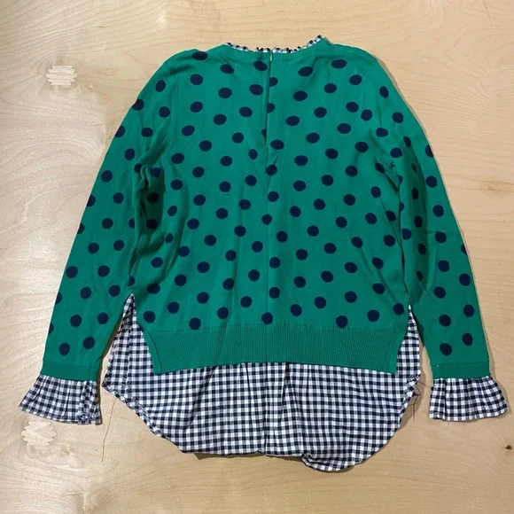 crown & ivy Green Sweater with Navy and White Gingham Trim Medium (QW) - Picture 6 of 7